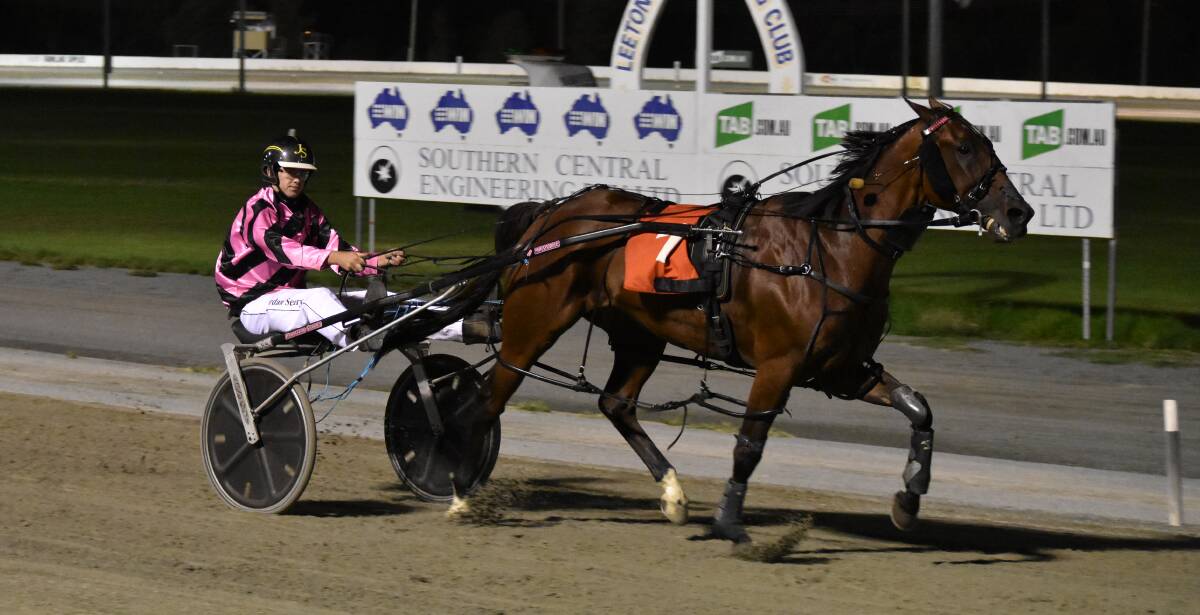 EASY DOES IT: Junee reinsman Jordan Seary guides Ned Pepper to victory in the Leeton Pacers Cup on Friday night. Picture: Courtney Rees