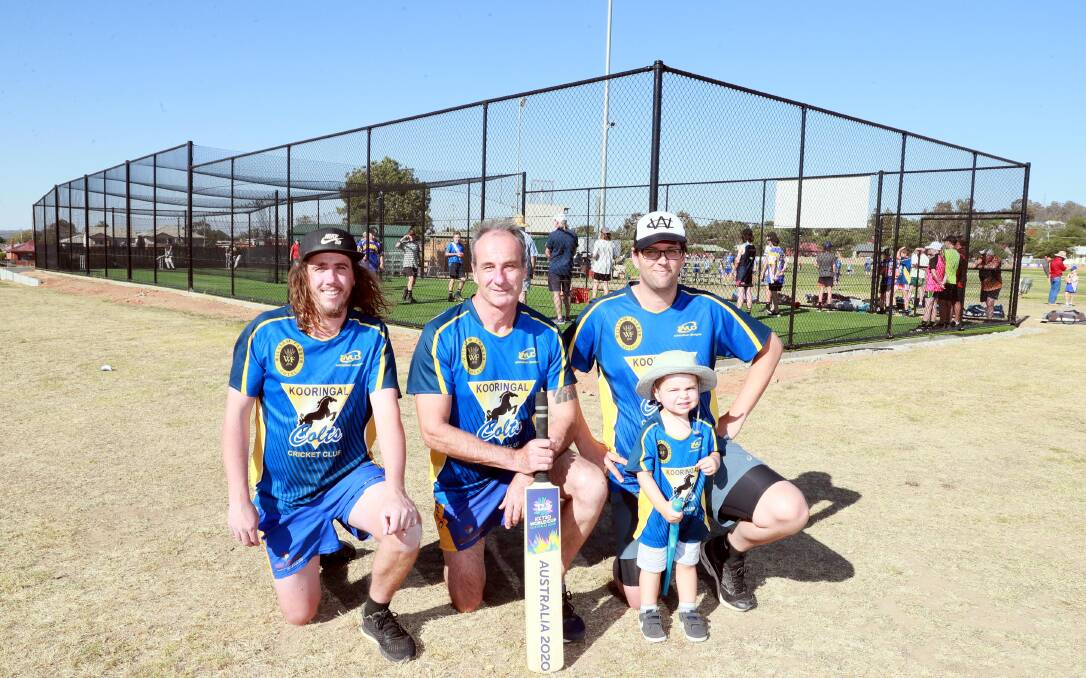 TOP LINE: Kooringal Colts captain Keenan Hanigan, president Rob Etchells and star player Dave Bolton, with son Henry, 2, at the official opening of the new Harris Park nets. Picture: Les Smith