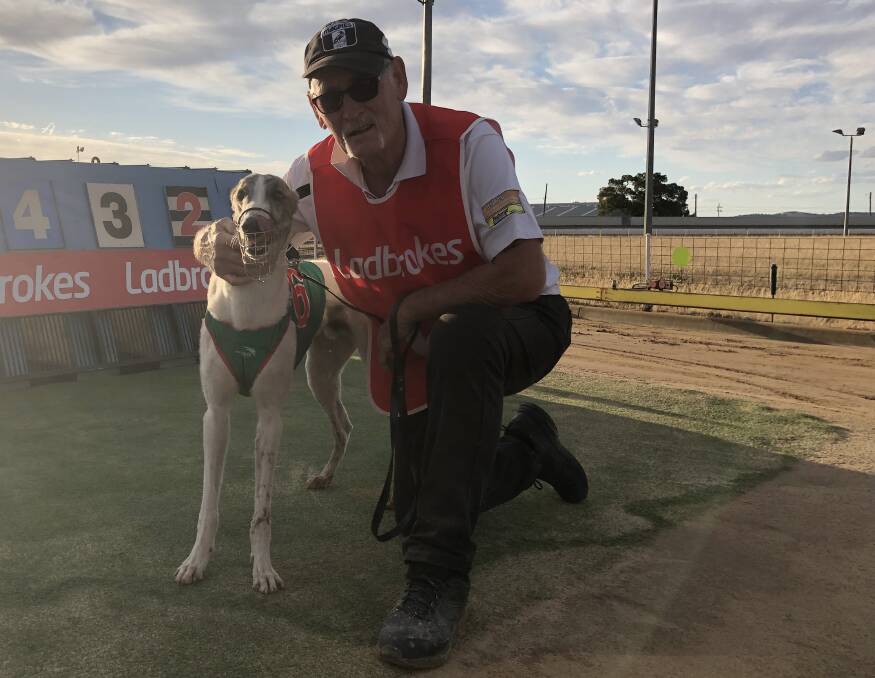 GOOD RESULT: Bruce Williams and Myrniong Jake after their success in the Happy Birthday Bruce Williams Maiden (320m) at Wagga on Friday. Picture: Courtney Rees