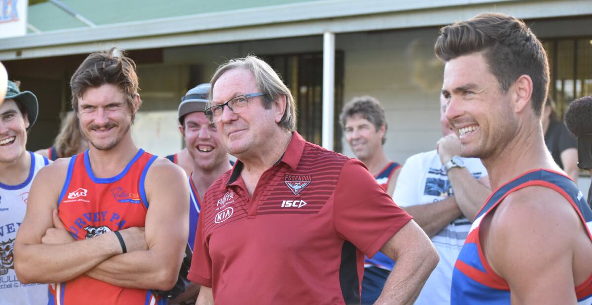 SPECIAL GUEST: Essendon legend Kevin Sheedy joined James Hird at the Turvey Park training run at Maher Oval on Wednesday night. Picture: Courtney Rees