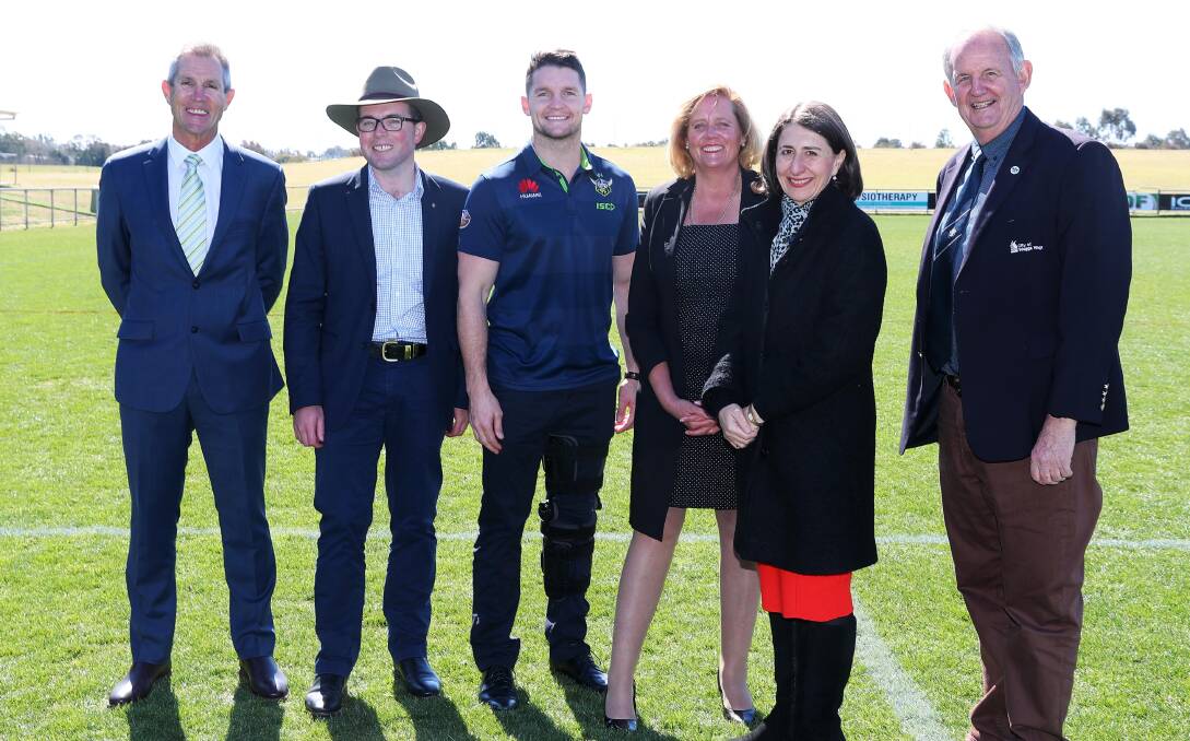 GAME ON: Canberra Raiders chief executive Don Furner, NSW Minister for Tourism Adam Marshall, Canberra Raiders captain Jarrod Croker, 
Liberal candidate for Wagga Julia Ham, NSW Premier Gladys Berejiklian and Wagga Mayor Greg Conkey at Equex Centre on Tuesday. Picture: Emma Hillier