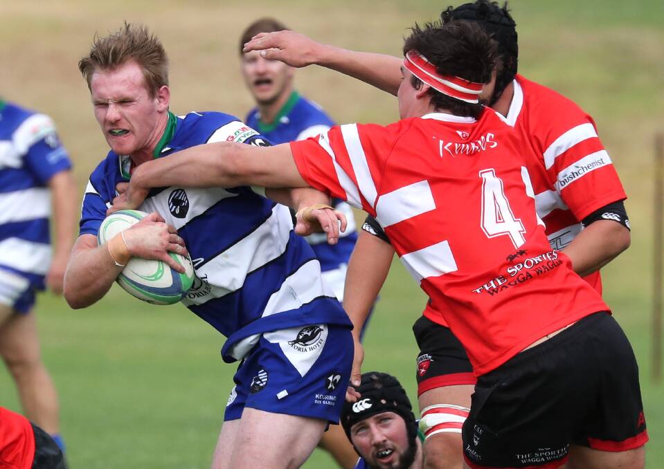 FIGHTING FORWARD: Wagga City Oscar Bischard tries to push off Kane Trentsmith in his team's loss to CSU on Saturday. Picture: Les Smith