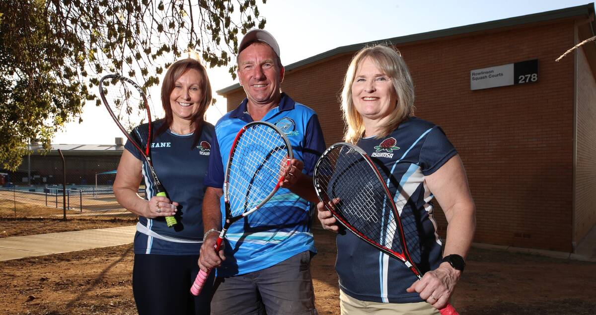 MEDAL SUCCESS: Shane Lamprey, Aaron Matthes and Cate Hardy all tasted success at the Australian Squash Masters Games with Mattes winning gold. Picture: Les Smith