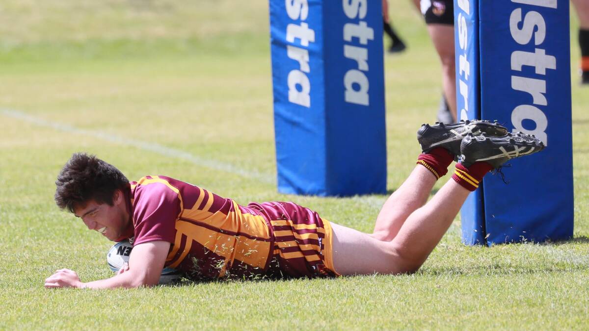 TRY TIME: Mitchell Prest goes over for a try in Riverina's win over GSR Tigers in the Laurie Daley Cup clash at Laurie Daley Oval on Sunday. Picture: Les Smith