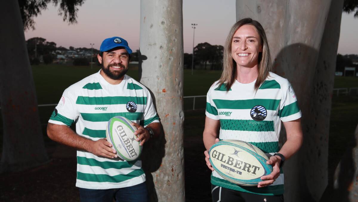 BIG OCCASION: Wagga City coach Ben Schreiber and women's captain Kellie Allcorn in the club's special 70-year anniversary jumpers. Picture: Les Smith
