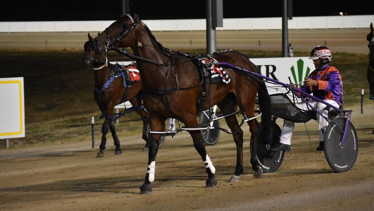 Bernie Hewitt returns with Kashed Up after his win in two-year-old track record time at Riverina Paceway on Friday.
