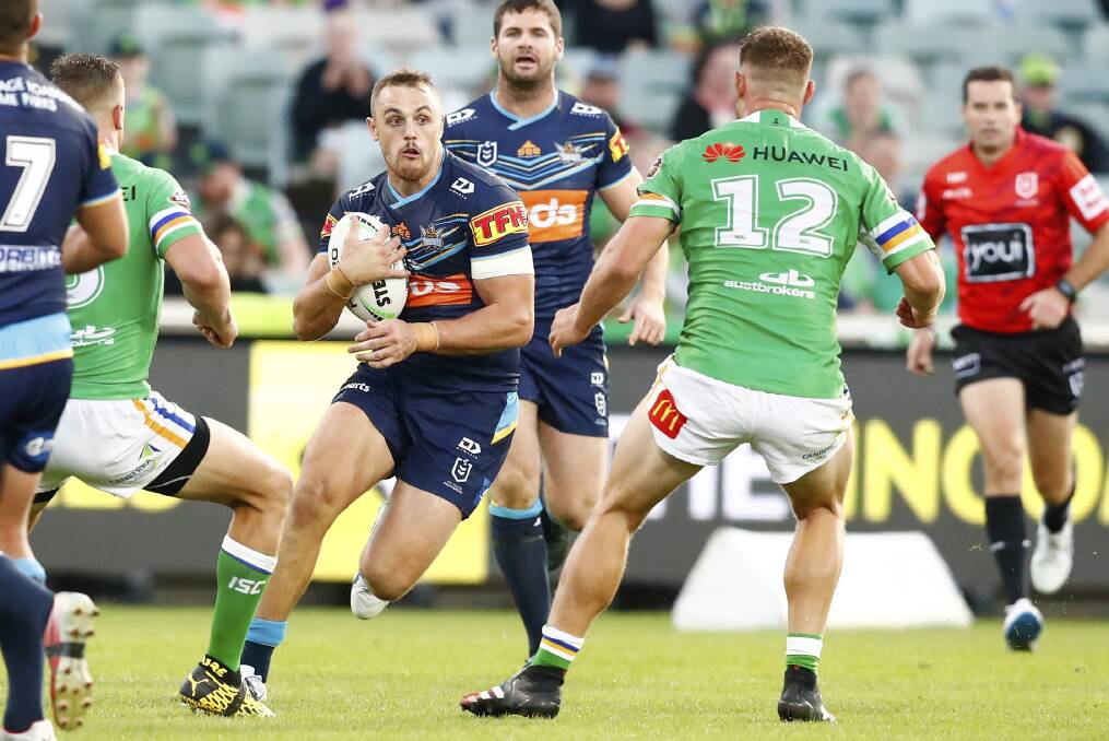 BIG MOMENT: Jamin Jolliffe charges forward for Gold Coast during his NRL debut against Canberra to start the season after making the move to Queensland in the off-season. Picture: NRL Imagery/Keegan Carroll