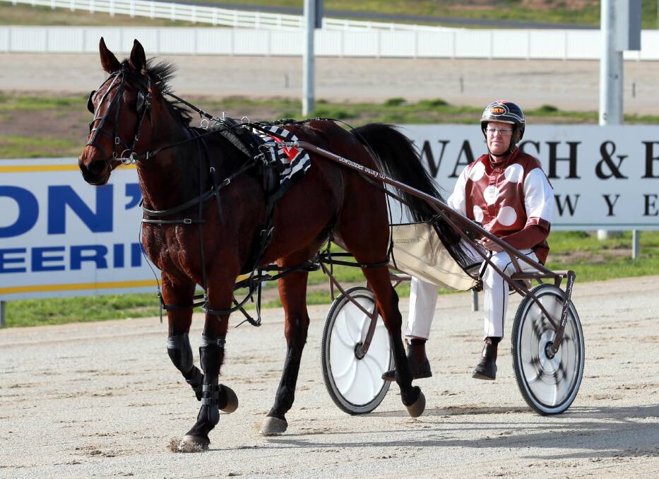 PEREFCT START: Brett Woodhouse returns with Bated Breath after the three-year-old filly got her racing career off to a winning start at Riverina Paceway on Friday. It was the first half of a winning double. Picture: Les Smith