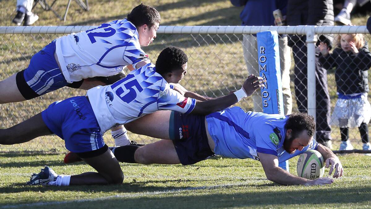 TRY TIME: Jayden Stanton dives over to score a try as Waratahs became the first team to get Wagga City since 2019 on Saturday. Picture: Les Smith