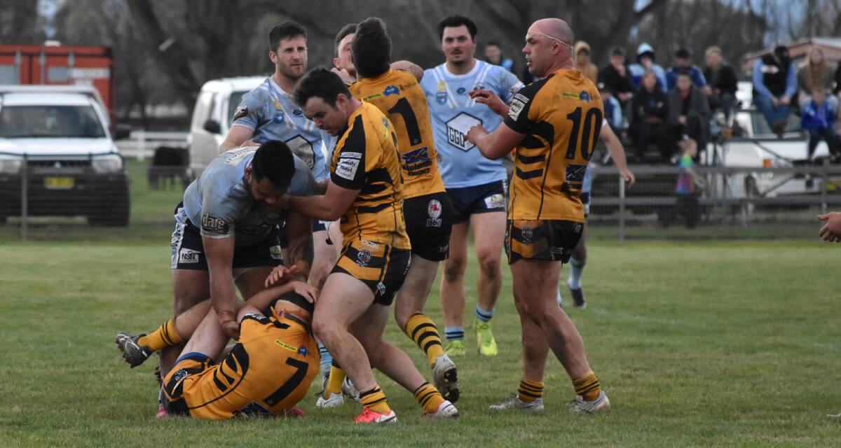 UNDER REVIEW: Derek Hay, pictured on the ground, and Lachlan Bristow will come under the scrutiny of the match review committee for the finish to the clash between Gundagai and Tumut on Sunday. Picture: Courtney Rees