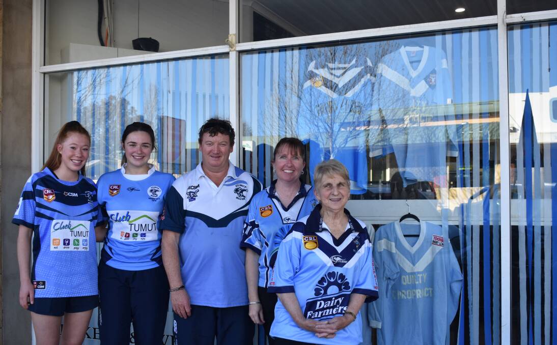 EVERYTHING BLUES: Annabelle Sturgess, Abbie Gilchrist, Stephen Dean, Jane Dean and Lana Turner in front of the new-look Pie In The Sky Bakery in Tumut this week. Picture: Courtney Rees