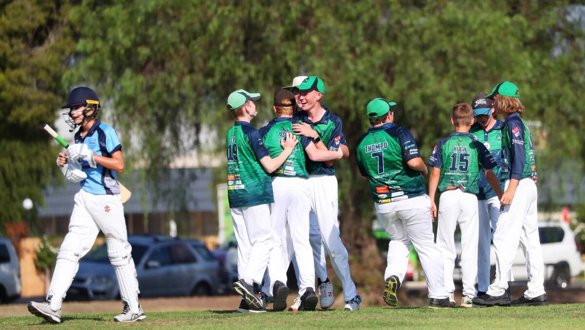 Wagga City celebrate a wicket in the under 15s last year. The age group has merged with the under 16s due to low numbers this season.