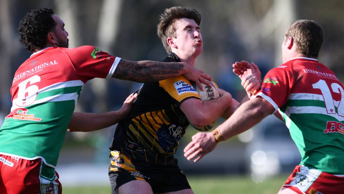 COMING IN HOT: Corey Wilson, pictured playing in Gundagai's win over Brothers this season, will captain the Tigers Weissel Cup side in the grand final.