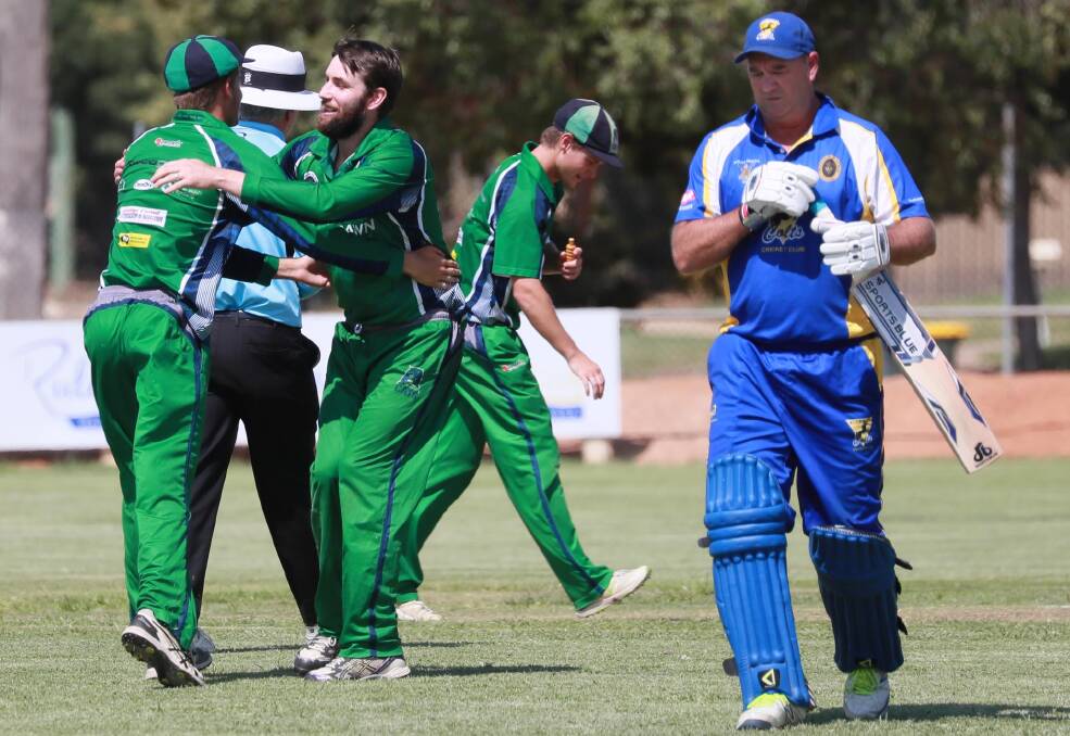 GOT HIM: Wagga City coach Rob Nicoll celebrates after bowling Marc Vincent in the tight loss to Kooringal Colts on Saturday. Picture: Les Smith