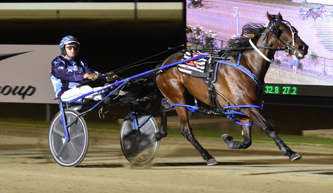 Jackson Painting takes Rocknroll Runa to victory at Riverina Paceway on Tuesday.