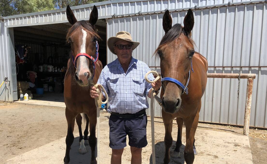 PLATE HOPEFULS: Robbie Sullivan with two-year-olds Gee Gee Blinxs and Harry Croft ahead of the MIA Breeders Plate final at Leeton on Friday night. Picture: The Irrigator