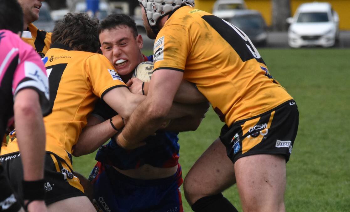 NO WAY THROUGH: Wil Hurst is held up by the Gundagai defence close to the try line as Kangaroos sufered a 44-12 loss at Anzac Park on Saturday. Picture: Courtney Rees