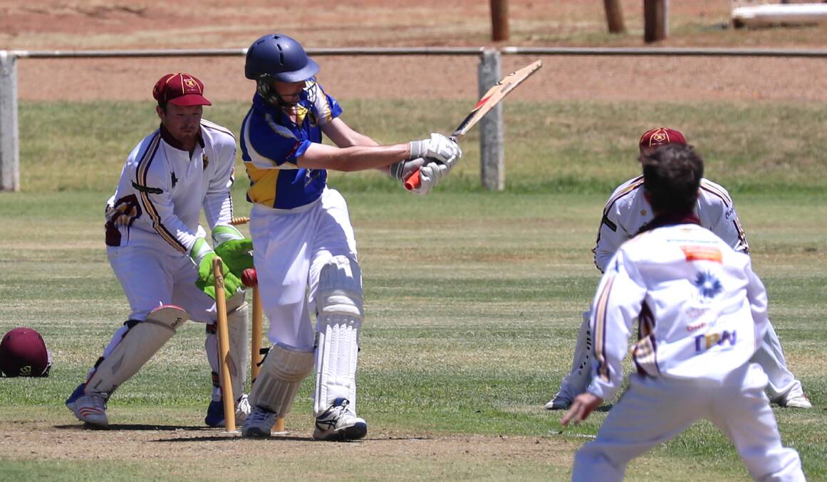 GOT HIM: Jayden Beattie is bowled by Lachie Skelly during Lake Albert's big win over Kooringal Colts at Harris Park on Saturday. Picture: Les Smith