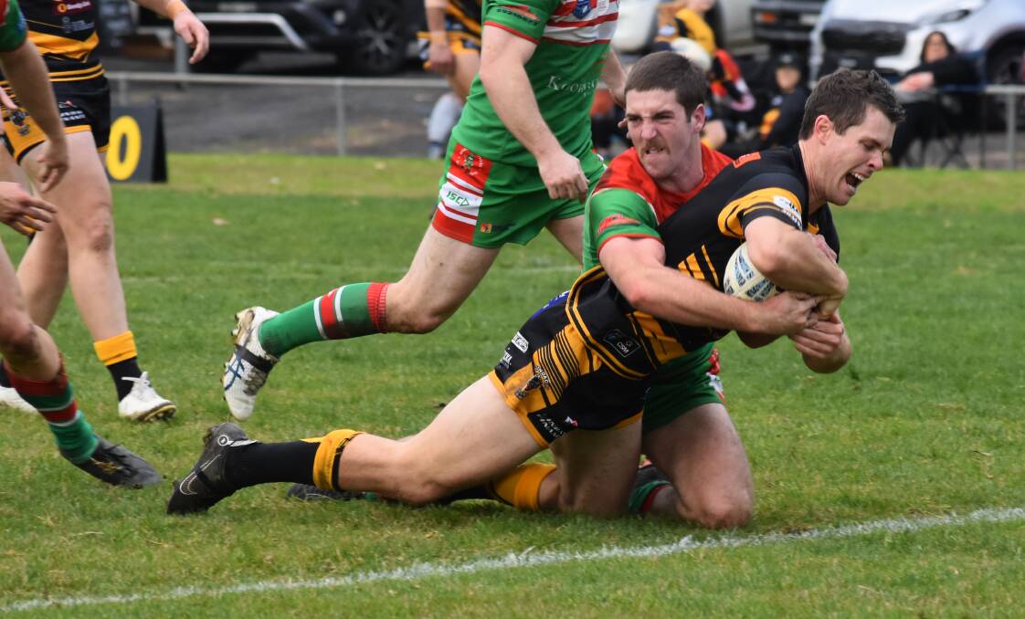 TRY TIME: Derek Hay goes over for his second try in Gundagai's big win over Brothers at Anzac Park on Sunday. Picture: Courtney Rees