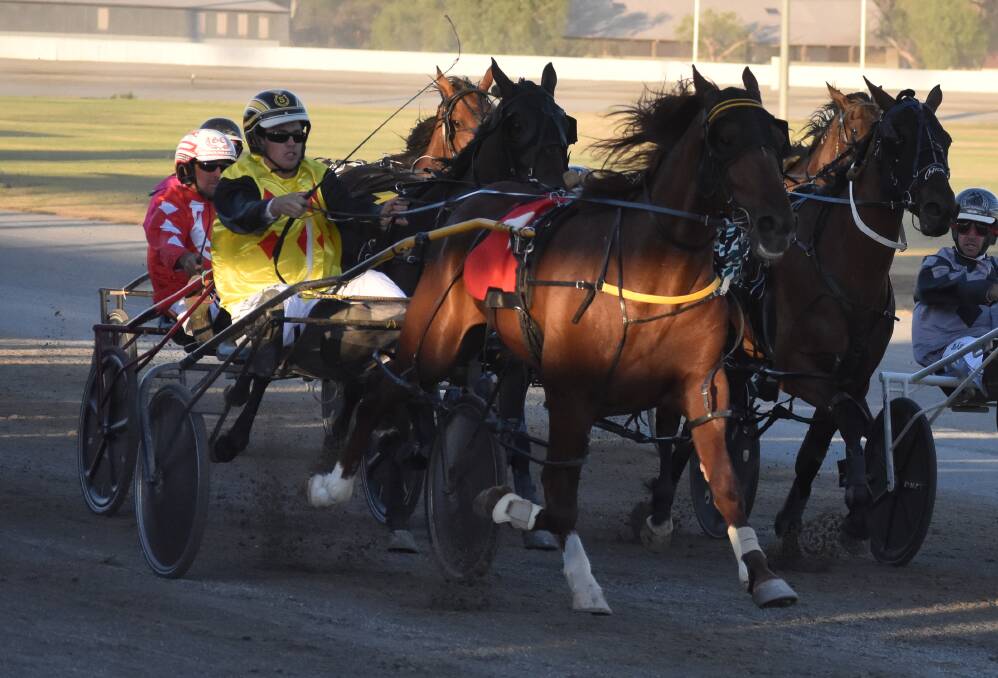 AWAY HE GOES: Jordan Seary urges Red Ruffy to the line in the Milbrae Quarries Final at Leeton on Wednesday. Picture: Courtney Rees