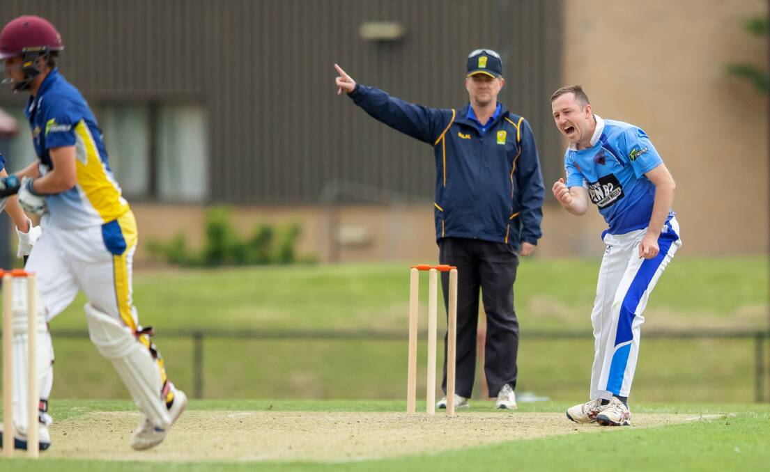 RARE HIGHLIGHT: Sam Perry celebrates after removing former Wagga RSL Josh Staines in the Wagga Sloggers' loss to ACT Aces on Sunday. Picture: Sitthixay Ditthavong