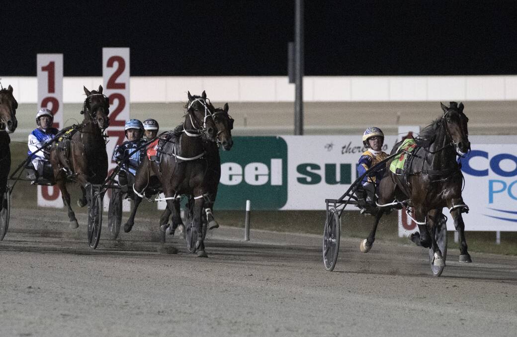 GROUP ONE GLORY: Cameron Hart drives Ideal Dan to victory
in the Riverina Championships Entires and Geldings Final
at Riverina Paceway on Saturday night. Picture: Madeline Begley