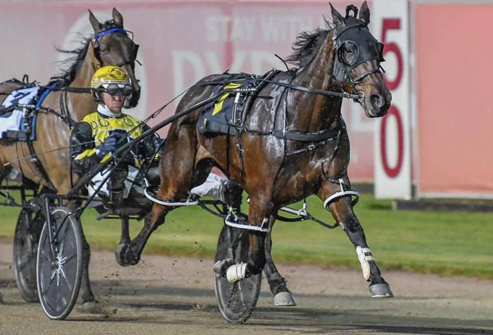 AWAY SHE GOES: Man Hands brought up her third Menangle win in her last five starts for trainer-driver Jason Grimson on Saturday. Picture: Club Menangle Trackside