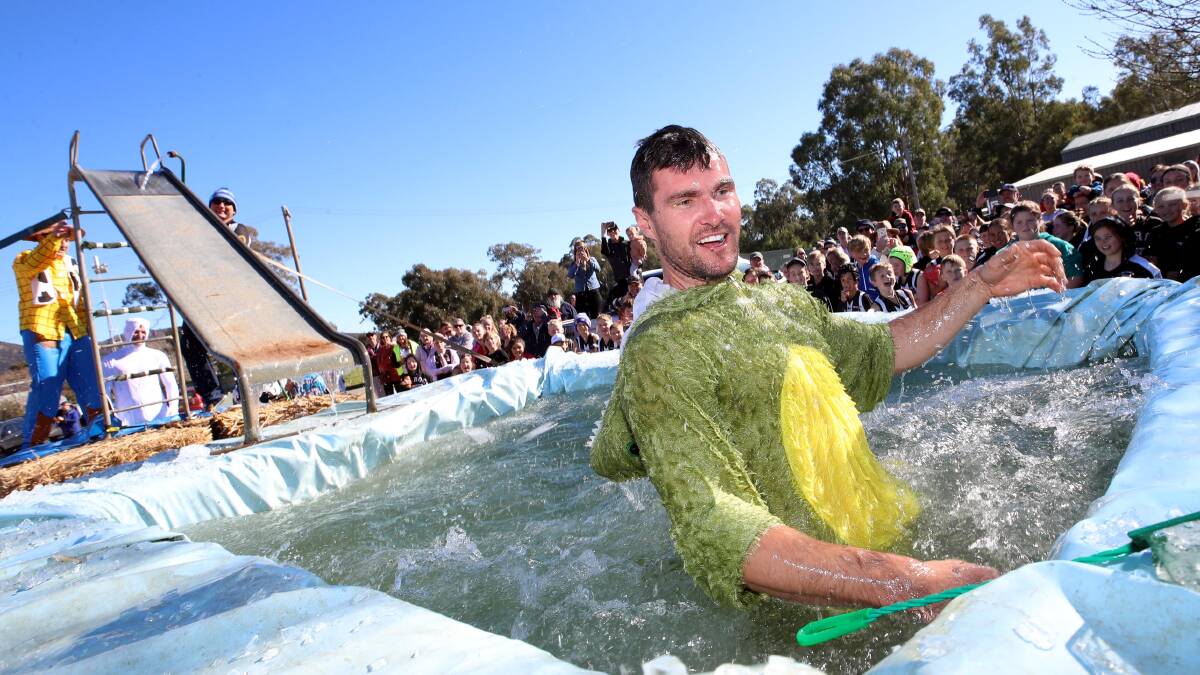 The Rock-Yerong Creek coach Tom Yates after taking the plunge at Victoria Park on Sunday. Picture: Les Smith