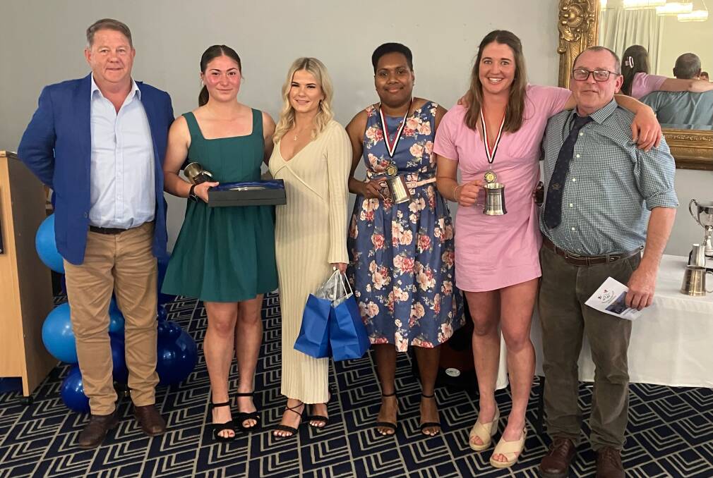 Women's coach Richard Skellern with women's award winners Willow Hills (best and fairest), Ulamila Kuboutawa (best forward), Amy Fowler and Georgie Lindsay (best backs) and manager Tim Markham on Saturday.