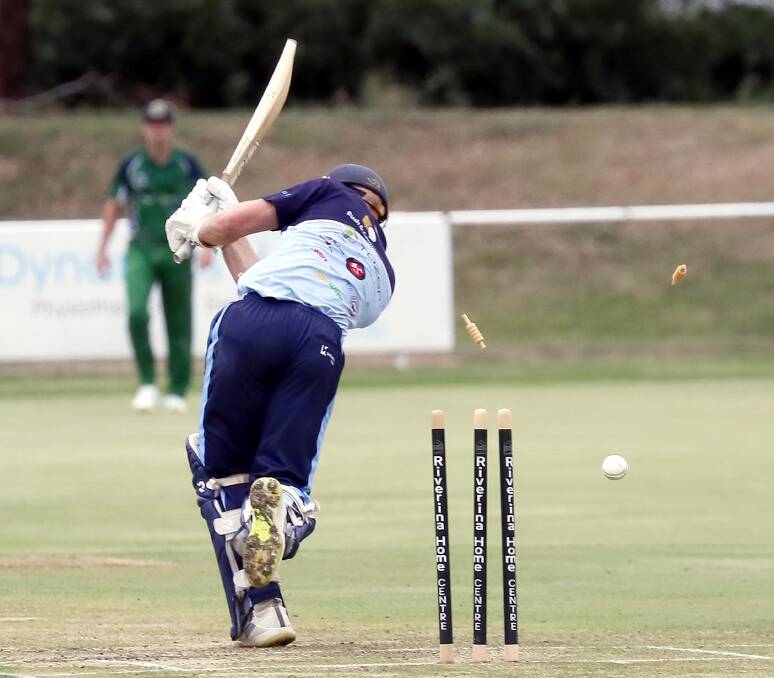 GOT HIM: Brayden Ambler is bowled after getting South Wagga off to a strong start in their washed out final against Wagga City on Saturday. Picture: Les Smith