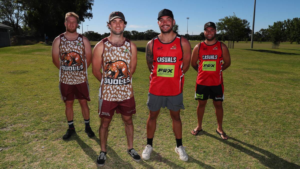 DIFFERENT CHALLENGE: Brothers teammates Edan and Cade Price and Dylan and Tyson McLachlan will be on opposing side as Quolls and Casuals face off in the Wagga touch grand final on Tuesday. Picture: Emma Hillier