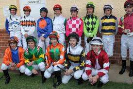 THE BEATEN BRIGADE: All the jockeys, expect winner Rachel King, before the start of the Wagga Gold Cup.