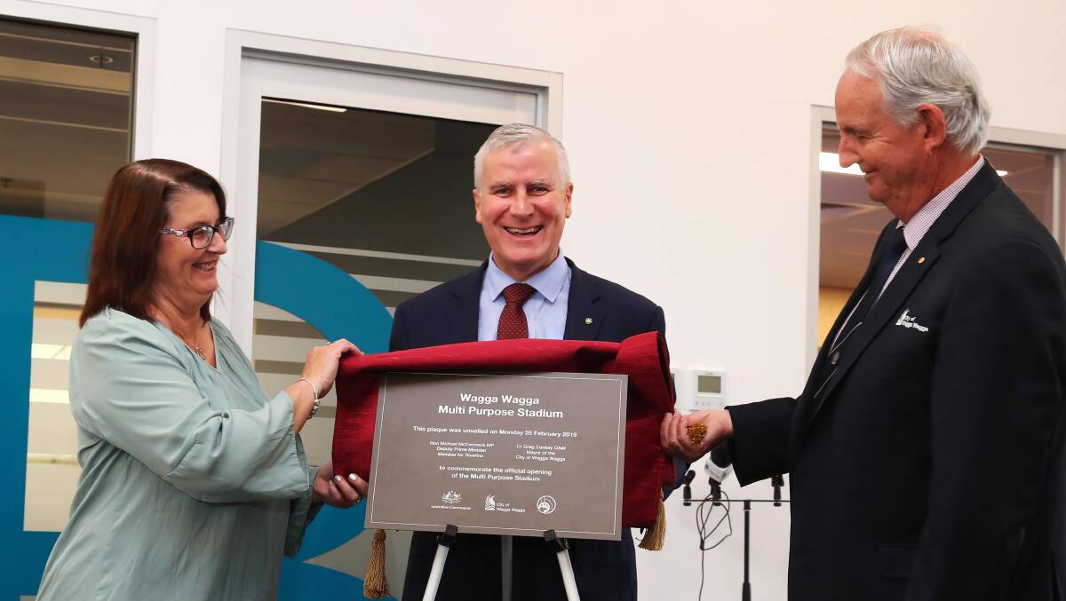 UNDER WAY: Rosemary Clake, Michael McCormack and Greg Conkey at the opening of the new Wagga Multi-Purpose Stadium on Monday. Picture: Emma Hillier