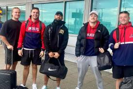 Tom Demeio, Che Hyslop,Devon Makoare-Boyce, Jake Kambos and Lachlan Gale preparing to fly to Albury before being part of Young's win on Saturday.
