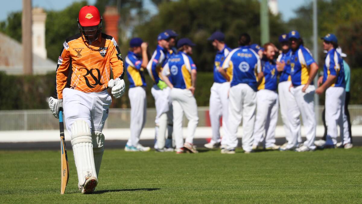 OUT OF THERE: Beau Wright walks off after being bowled by Macgregor Hanigan as Kooringal Colts downed Wagga RSL on Saturday. Picture: Emma Hillier