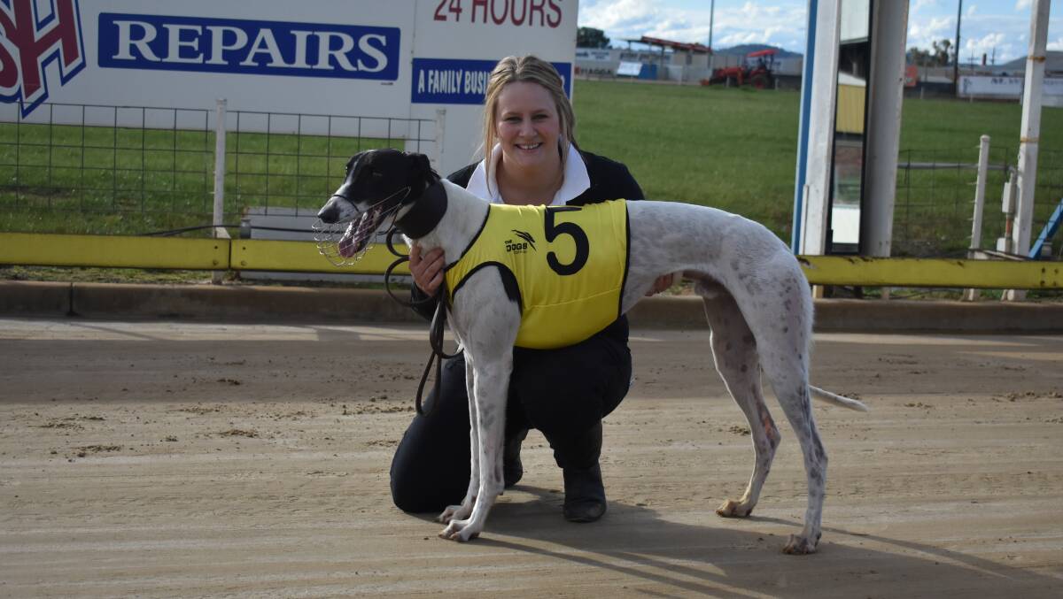BREAKTHROUGH: Handler Chelsee Oakman with Hello Fernando after he brought up his second win at start 10 for The Rock trainer John Cusack at Wagga on Thursday. Picture: Courtney Rees