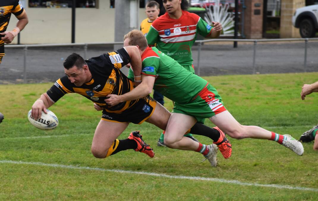 TRY TIME: Damian Willis scores the first of his three tries to help Gundagai to a 58-12 win over Brothers on Sunday. He's already scored the same number of tries this year than all of last season. Picture: Courtney Rees