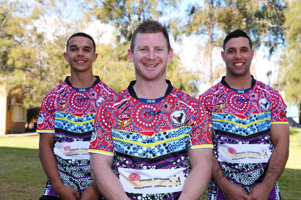 SPECIAL LOOK: Southcity captain-coach Kyle McCarthy with Lattrell Siegwalt and Nathan Rose in NAIDOC inspired jumpers to be worn against Kanagroos on Saturday. Picture: Emma Hillier