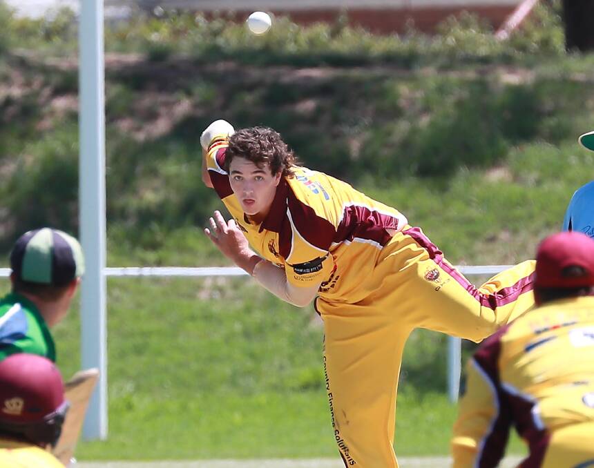 BOILOVER: Sam Smith sends a ball down as Lake Albert produced a big surprise to take a five-wicket win over Wagga City at McPherson Oval on Saturday. Picture: Les Smith