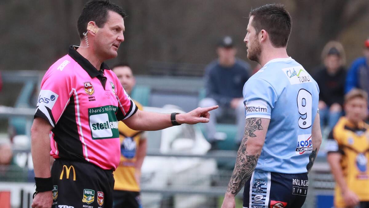 Lachlan Bristow is spoken to by referee Scott Muir earlier in the game.