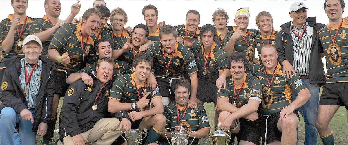 Tim Corcoran, pictured bottom right, celebrates Ag College's 2012 premiership win.