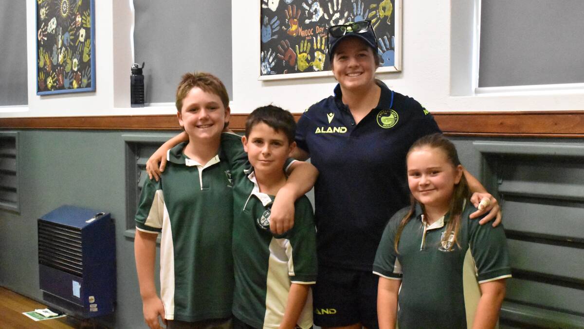 Parramatta NRLW star Rachael Pearson with Turvey Park Public School students Archie Hartas, Heath Carey and Ella O'Brian during the Roads To Regions visit on Tuesday. Picture by Courtney Rees