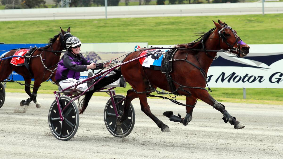 STRONG FINISH: Molly Turton has able to bring up one final win with Fastestgirlintown before starting a new stage of her career at Riverina Paceway on Friday. Picture: Les Smith