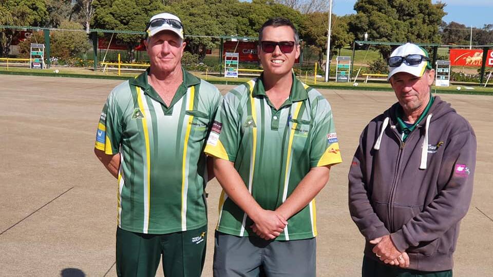 STRONG FINISH: The Wagga Rules Club team of Bill Bishop, Zac Gabrielson and Glen Fahey took out the Wagga District triples title with a big win in the final earlier this month.