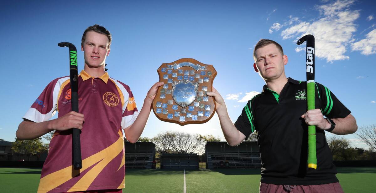 UP FOR GRABS: Lake Albert's Adam Boyd and Harlequins captain-coach Brendan Watson are both looking to get their hands on the division one trophy on Saturday night. Picture: Les Smith