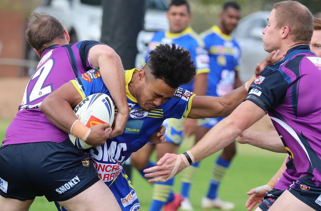 TOUGH DAY OUT: Jarom Vakarewakobau tries to make inroads against Southcity in Junee's big loss on Sunday. Picture: Les Smith