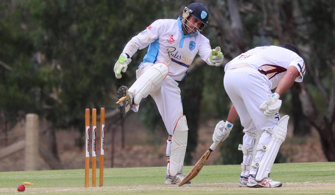 MISSED OUT: South Wagga captain Jeremy Rowe lashes out after missing a stumping chance of Jesse Hampton against Lake Albert on Saturday. Picture: Les Smith