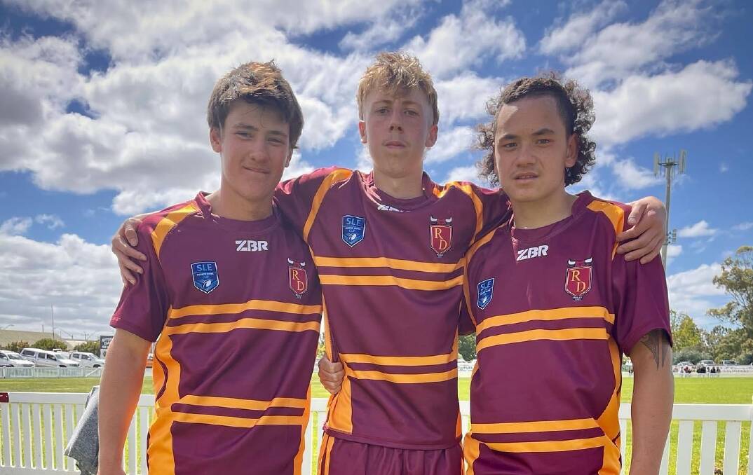BIG EFFORT: Zakaia Lewis (right), pictured with Riverina and Young teammates Jayke Cafe and Nic Powderly scored a double in the Andrew Johns Cup win over Central Coast on Sunday.