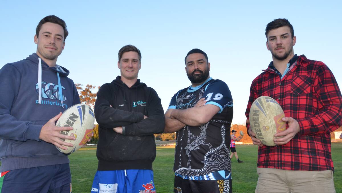 UP FOR THE CHALLENGE: Matt Murray, Sam Norton, Stewart James and Angus Smith are looking to help Young to their first win over Gundagai this season in the grand final. 