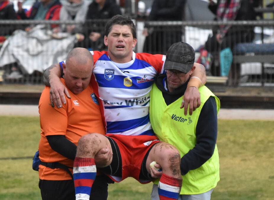 INJURY WORRY: Young hooker Ben Picker was carried off Alfred Oval in considerable pain with a left knee injury in the loss to Gundagai on Sunday. Picture: Courtney Rees
